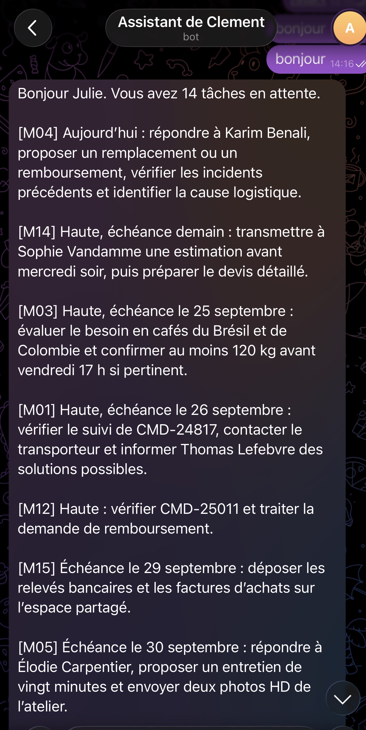 Capture 2 : le brief du matin reçu sur Telegram, to-do classée par urgence