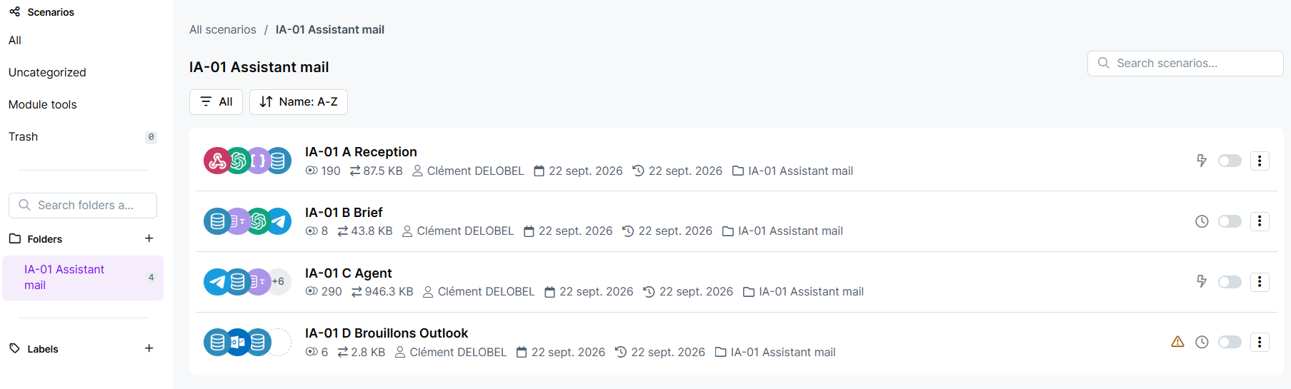 Capture 3 : les scénarios Make de l'agent IA