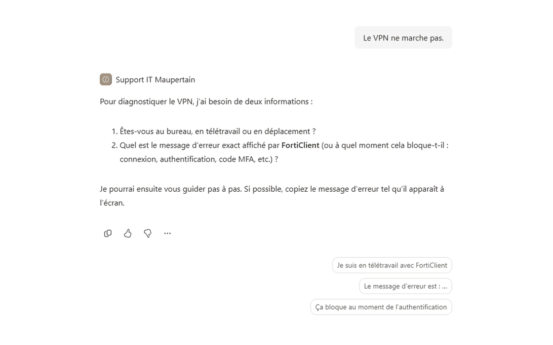 Capture 2 : l'agent pose une question de diagnostic avant de répondre